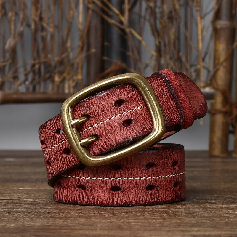 Fashion-forward men's full-grain leather belt, designed for comfort and durability. Features a classic brass buckle.