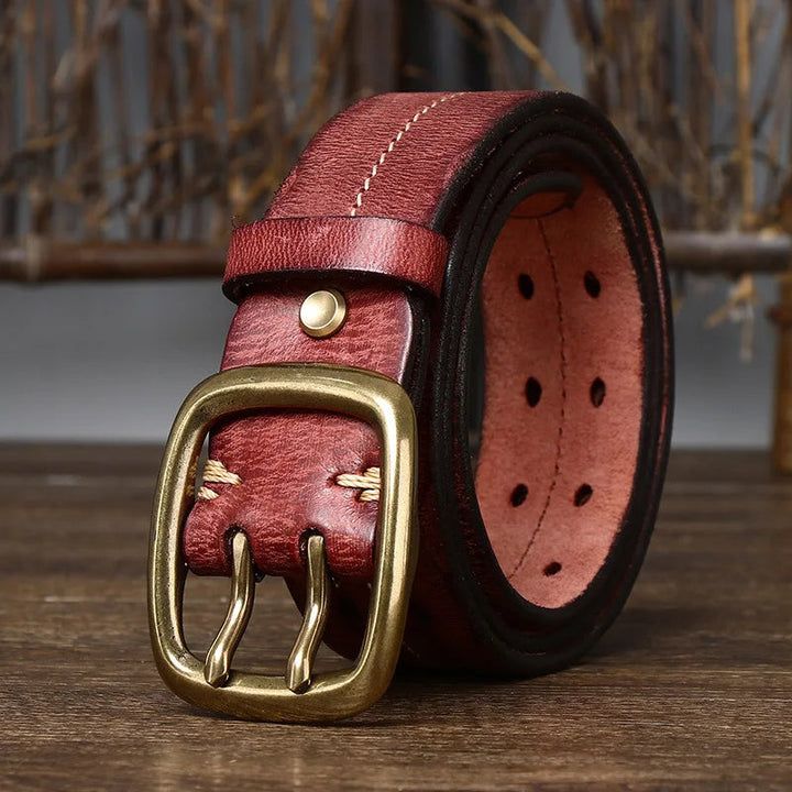 Everyday men's full-grain leather belt with a solid brass buckle, offering both strength and timeless style.