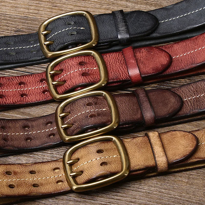Versatile men's full-grain leather belt in a classic shade, secured with a refined solid brass buckle.