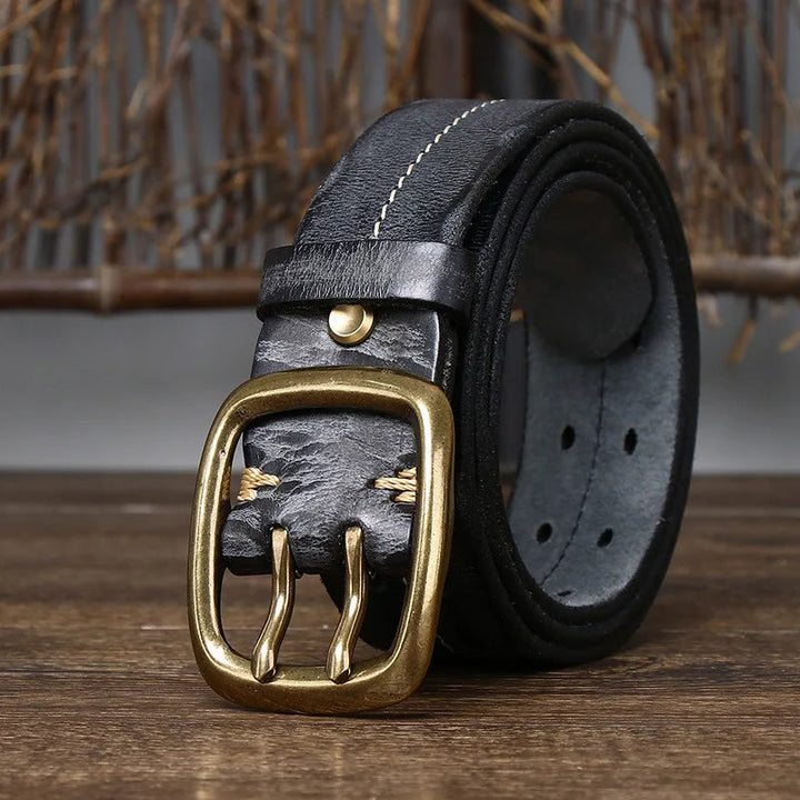 High-quality men's full-grain leather belt, perfect for casual or business casual outfits. Solid brass buckle.
