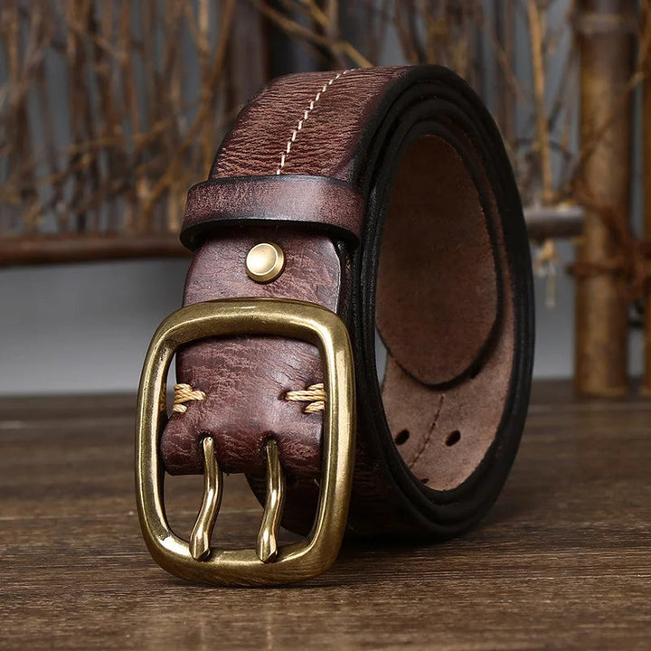 Stylish men's leather belt crafted from full-grain leather with a polished solid brass buckle. Versatile fashion.