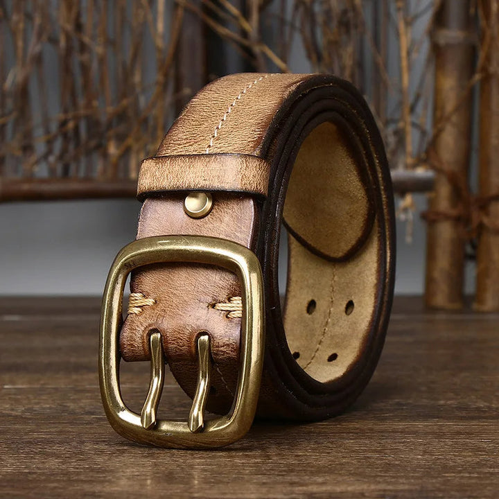 Men's casual full-grain leather belt. Durable construction with a handsome solid brass buckle. Essential accessory.