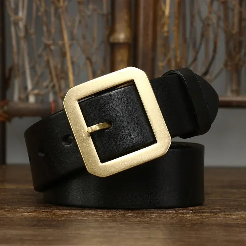 Men's full-grain leather belt with brass buckle, perfect for dress & casual wear. Durable men's accessory.