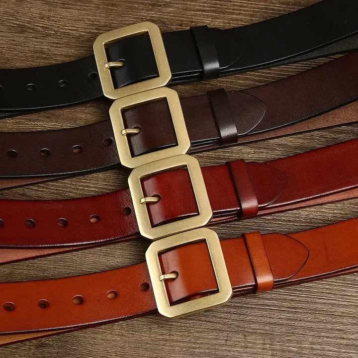 Premium full-grain leather men's belt, a durable everyday accessory. Features a sleek brass buckle for dress & casual.