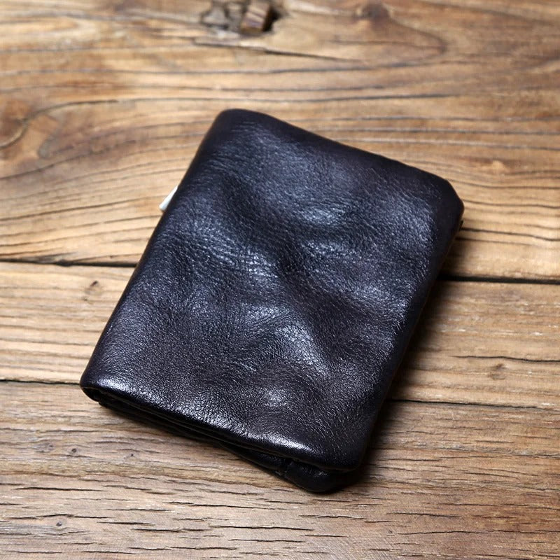 Slim side profile of a full-grain leather men's wallet, showing its compact yet functional bifold design.