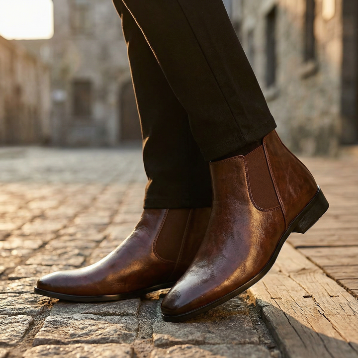 Stylish men's full-grain leather Chelsea boots, perfect for both casual & formal outfits.