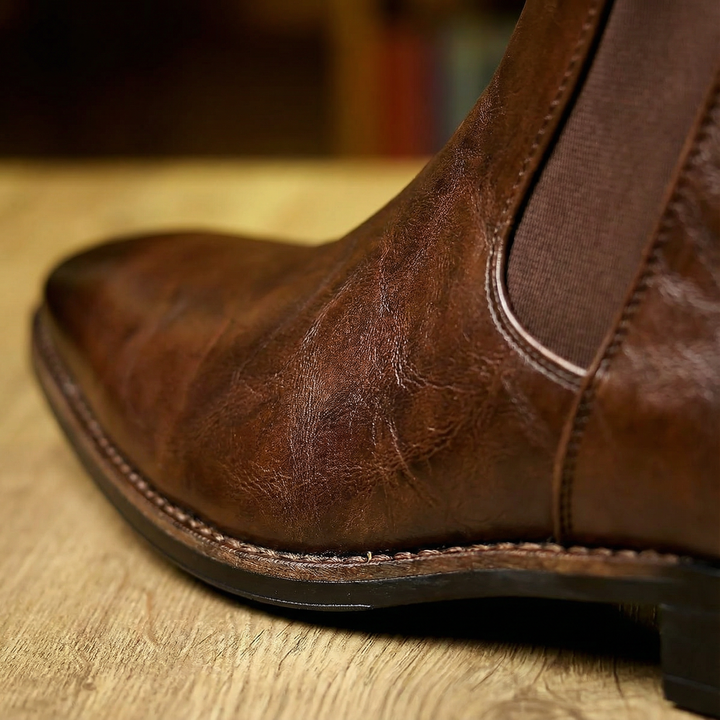 Timeless black full-grain leather Chelsea boots for men, a staple in men's fashion.