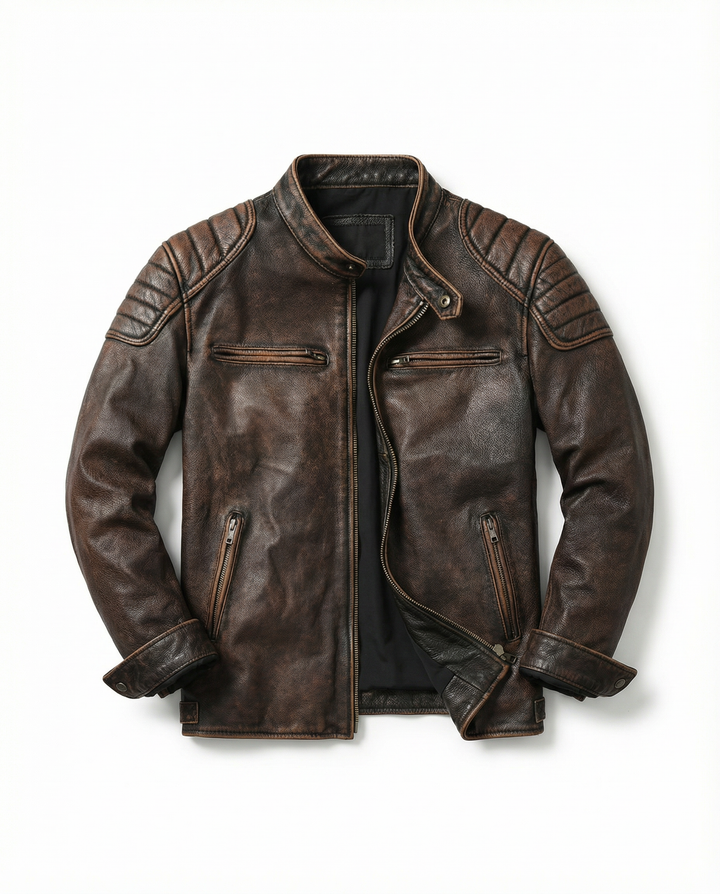 Men's full-grain leather rider jacket in dark brown, rugged and durable motorcycle outerwear.