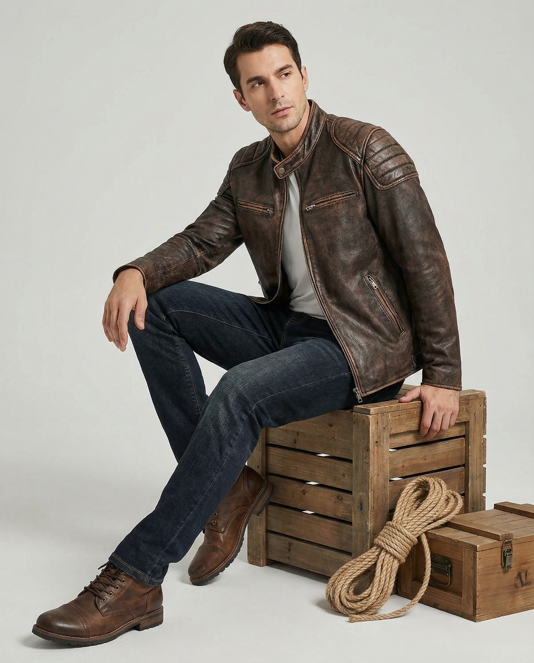 Classic black men's full-grain leather rider jacket, timeless and durable outerwear for motorcycle enthusiasts.