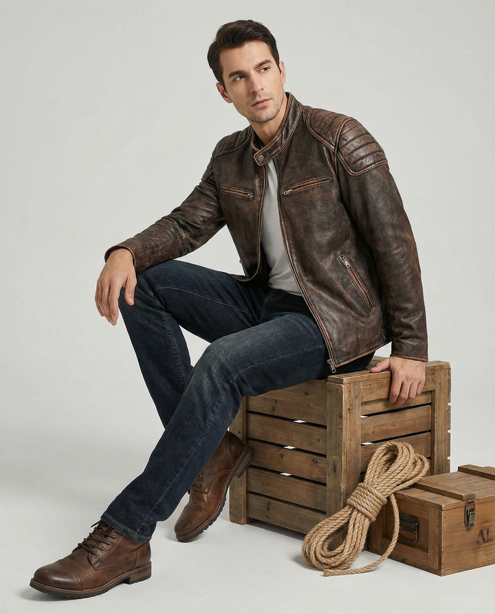Classic black men's full-grain leather rider jacket, timeless and durable outerwear for motorcycle enthusiasts.
