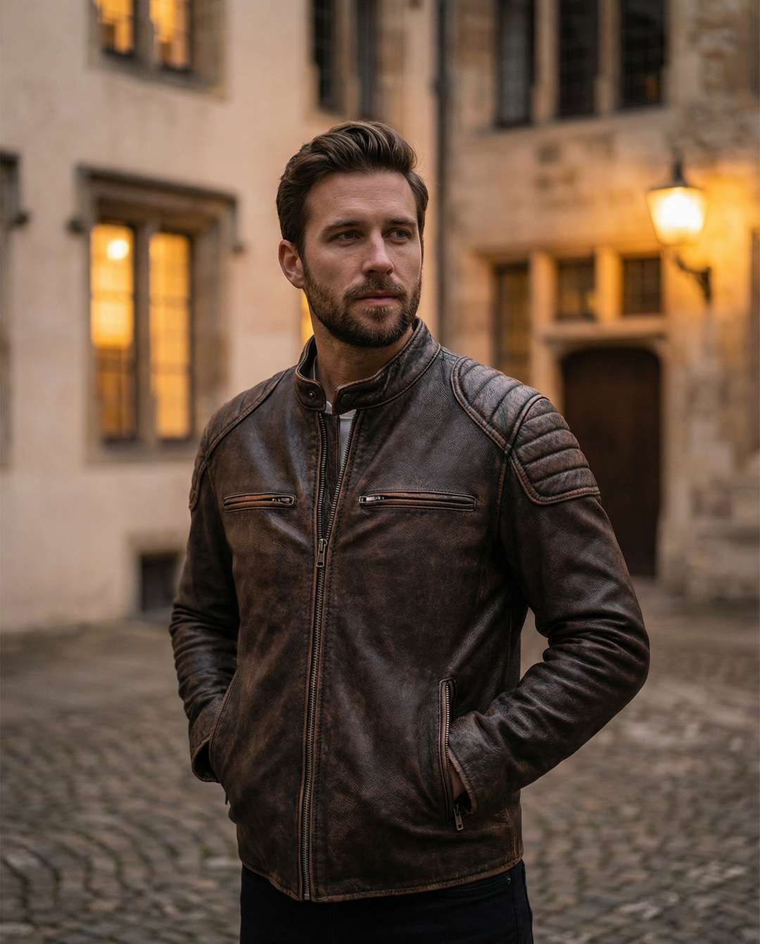 Rugged full-grain leather men's rider jacket, perfect durable outerwear for motorcycle adventures.