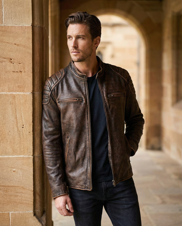 Timeless dark brown men's full-grain leather jacket, a durable and rugged rider's outerwear staple.