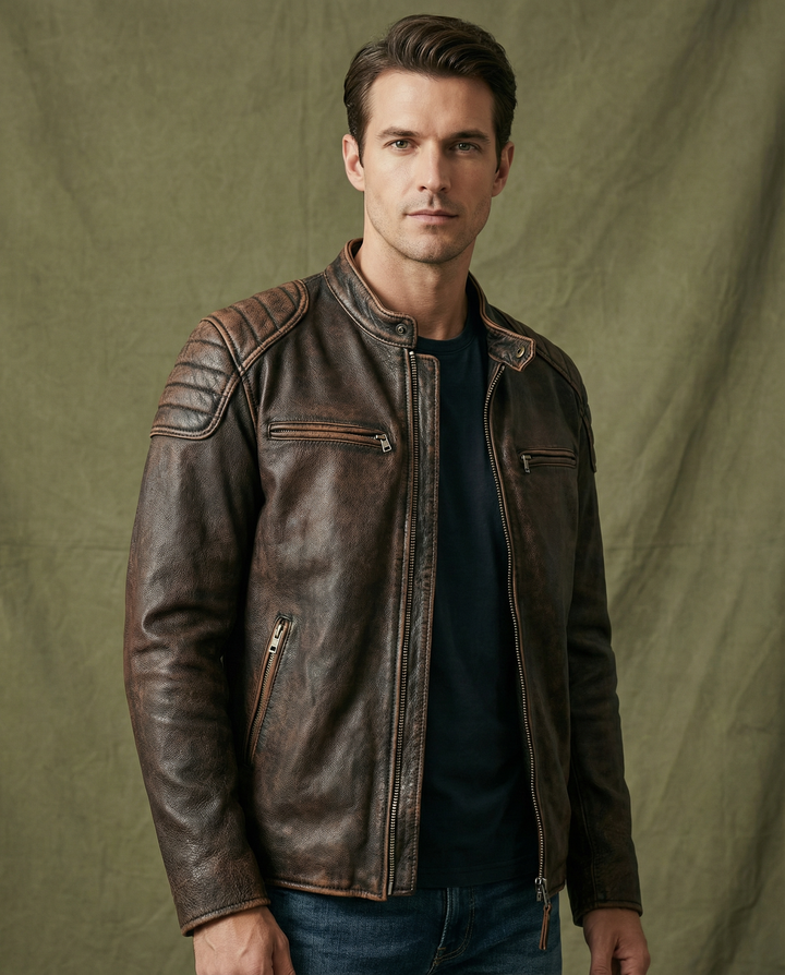 Black full-grain leather motorcycle rider jacket for men, durable and rugged, ideal for the road.