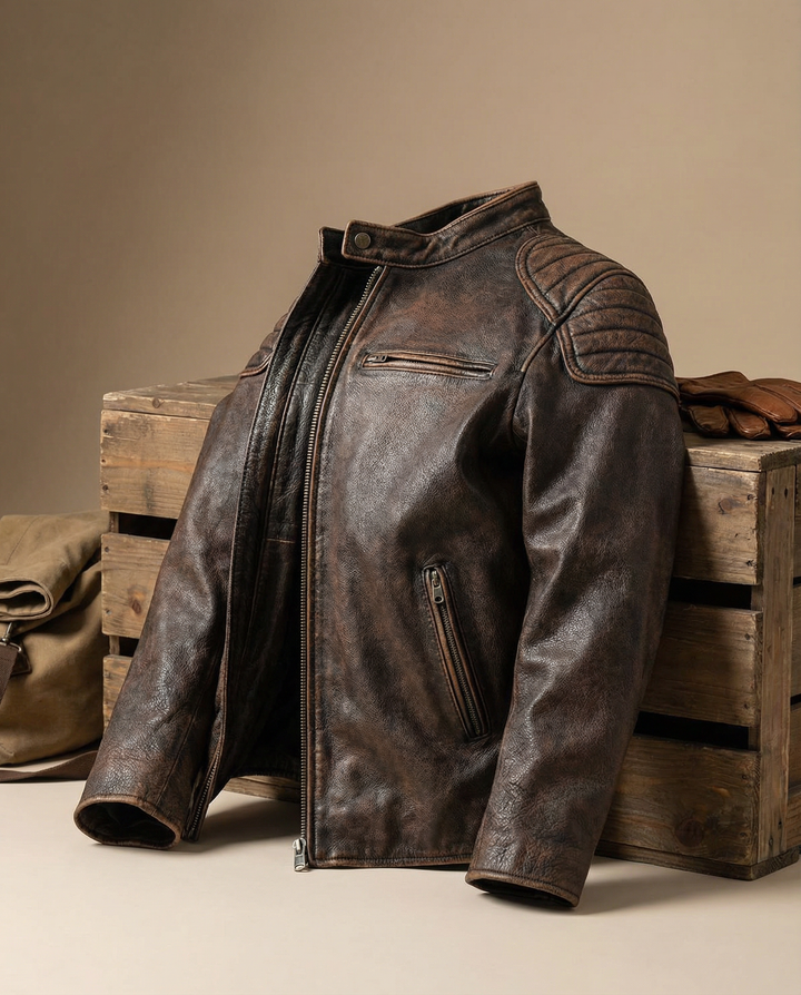 Premium full-grain leather men's rider jacket, offering a rugged and durable look for outerwear.