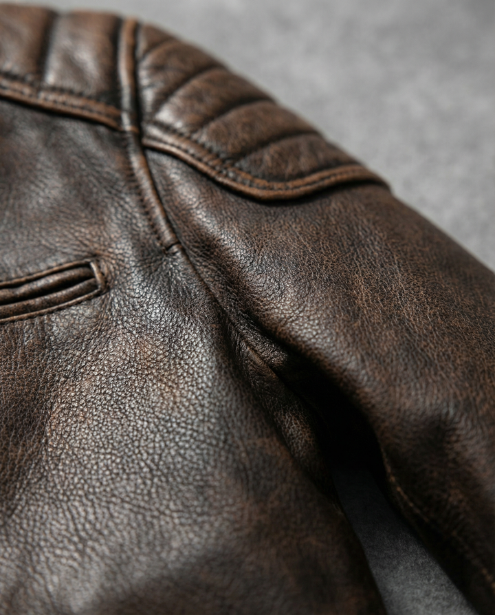 Men's durable full-grain leather moto jacket in dark brown, rugged and stylish rider outerwear.