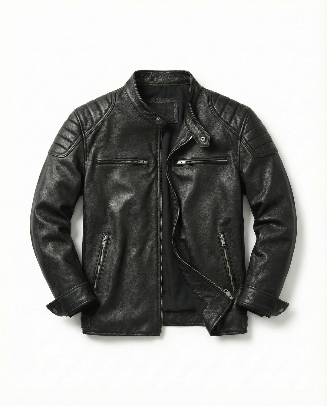Black men's full-grain leather rider jacket, a timeless & durable piece of rugged motorcycle outerwear.