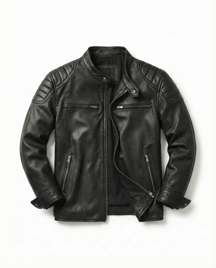 Black men's full-grain leather rider jacket, a timeless & durable piece of rugged motorcycle outerwear.