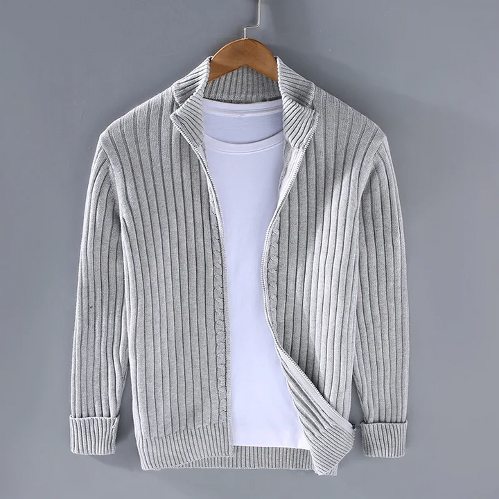 Men's full-zip ribbed cardigan sweater. A versatile layering piece for casual or business casual fall/winter.