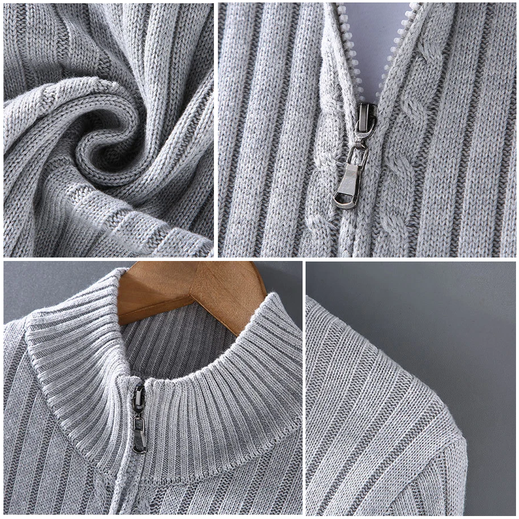 Stylish men's full-zip ribbed cardigan. Modern sweater for casual or business casual looks, ideal for fall/winter.