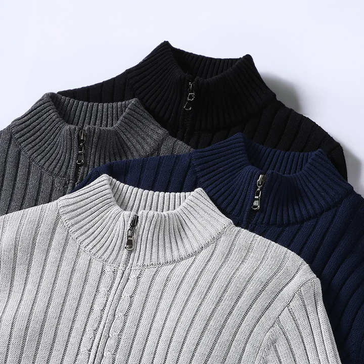Everyday men's full-zip ribbed cardigan sweater. Comfortable outerwear for casual, business casual, fall, & winter.