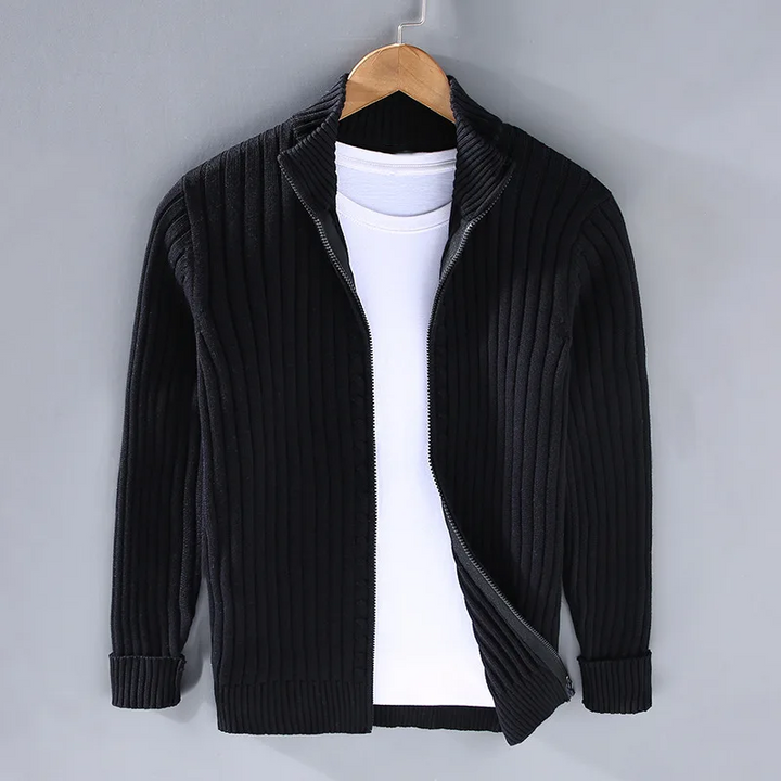 Close-up of men's full-zip ribbed cardigan. Knit texture detail of soft fabric, ideal for winter & fall comfort.