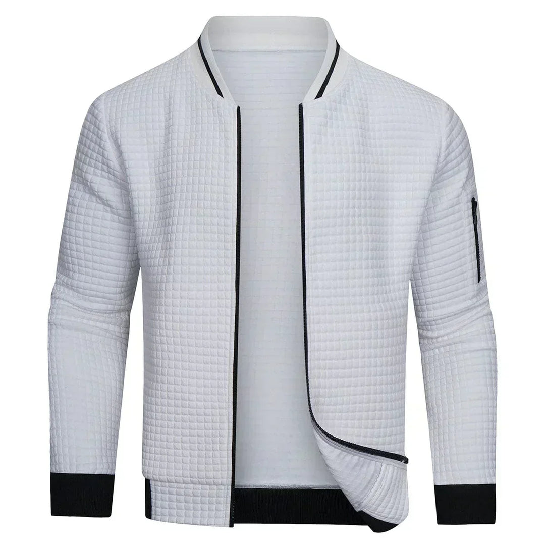Men's full-zip textured grid cardigan in a versatile style, perfect for casual or smart casual layered looks.