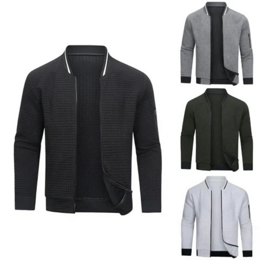 Mitchell men's full-zip textured grid sweater, long sleeve with ribbed cuffs for stylish comfort & everyday wear.