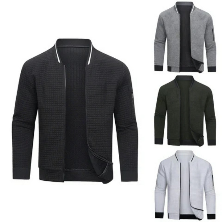 Mitchell men's full-zip textured grid sweater, long sleeve with ribbed cuffs for stylish comfort & everyday wear.