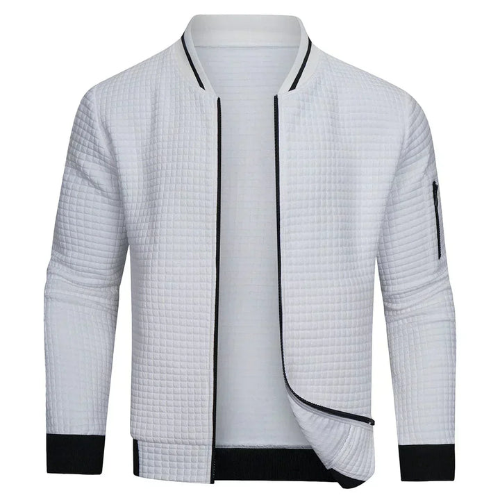 Stylish men's full-zip cardigan with a textured grid pattern, ideal for effortless fall fashion and layered outfits.