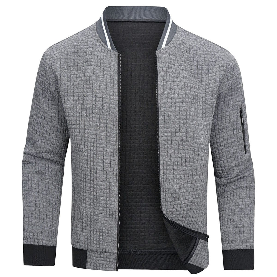 Versatile men's full-zip textured grid cardigan, a long sleeve zip-up sweater for smart casual & everyday style.