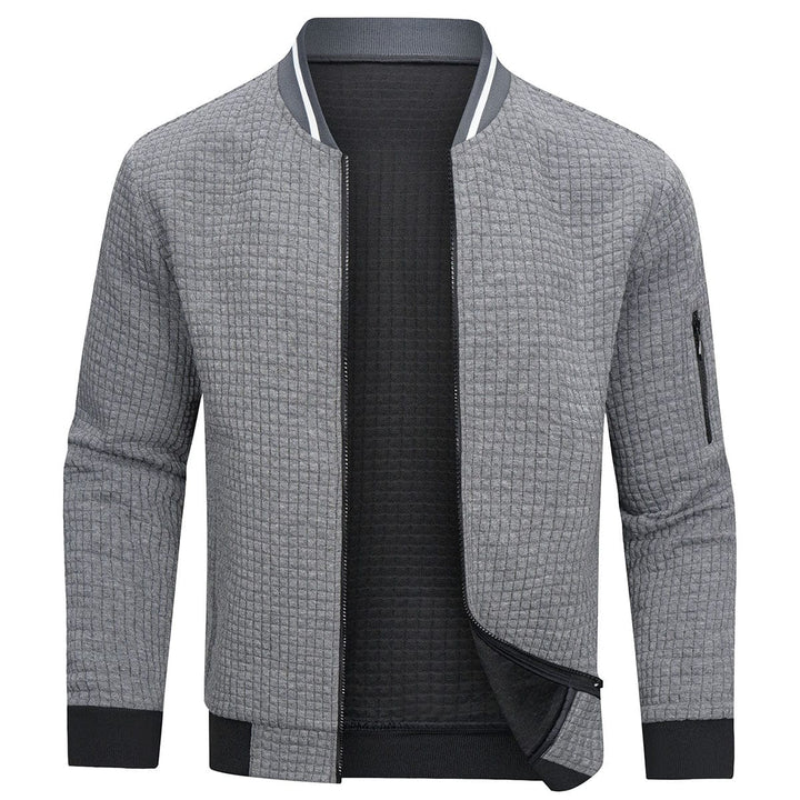 Versatile men's full-zip textured grid cardigan, a long sleeve zip-up sweater for smart casual & everyday style.