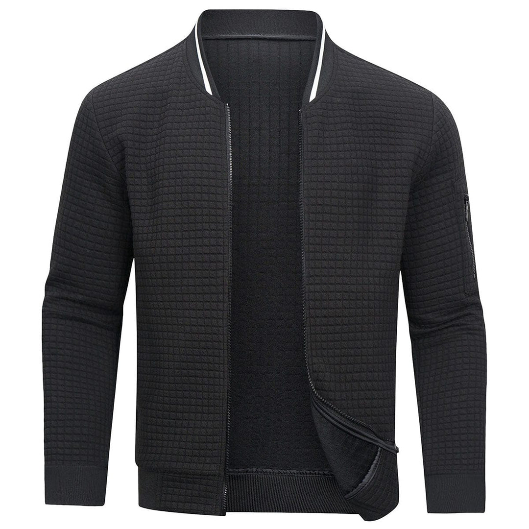 Mitchell full-zip men's textured grid cardigan, a comfortable long sleeve sweater for various casual fashion looks.