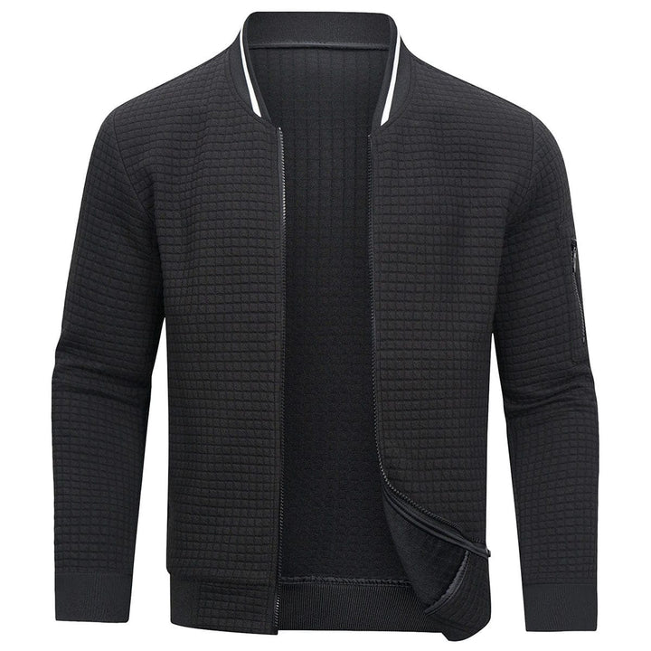 Mitchell full-zip men's textured grid cardigan, a comfortable long sleeve sweater for various casual fashion looks.