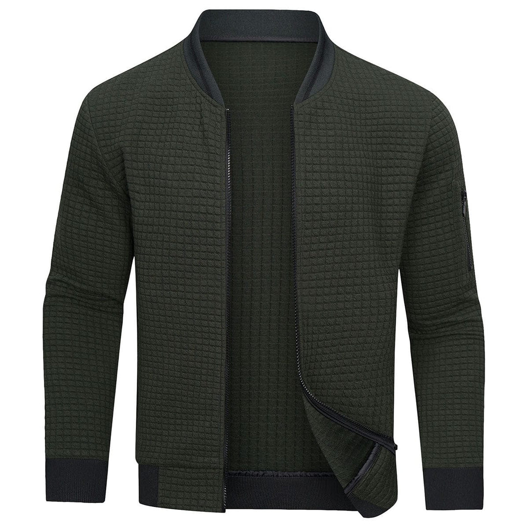 Close-up of a men's full-zip textured grid cardigan, highlighting the unique pattern and ribbed cuffs for fall.