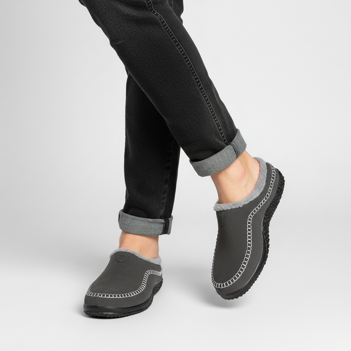 Side profile of men's brown comfort slippers, perfect house shoes with cozy fleece lining