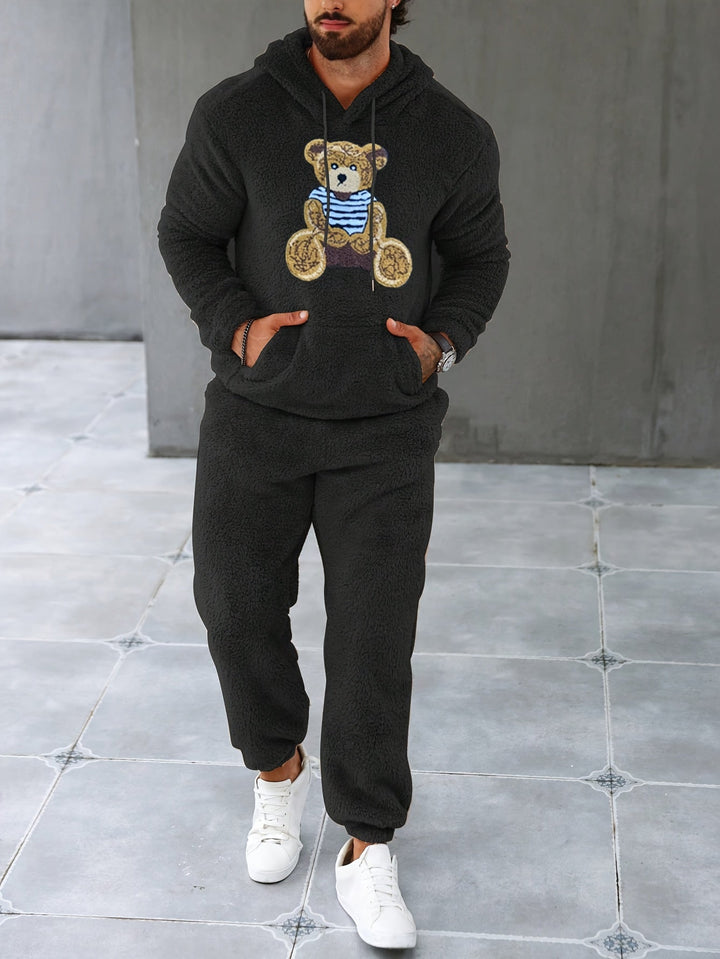Soft brown men's fleece loungewear set, a warm hoodie & joggers combo for cozy winter comfort.