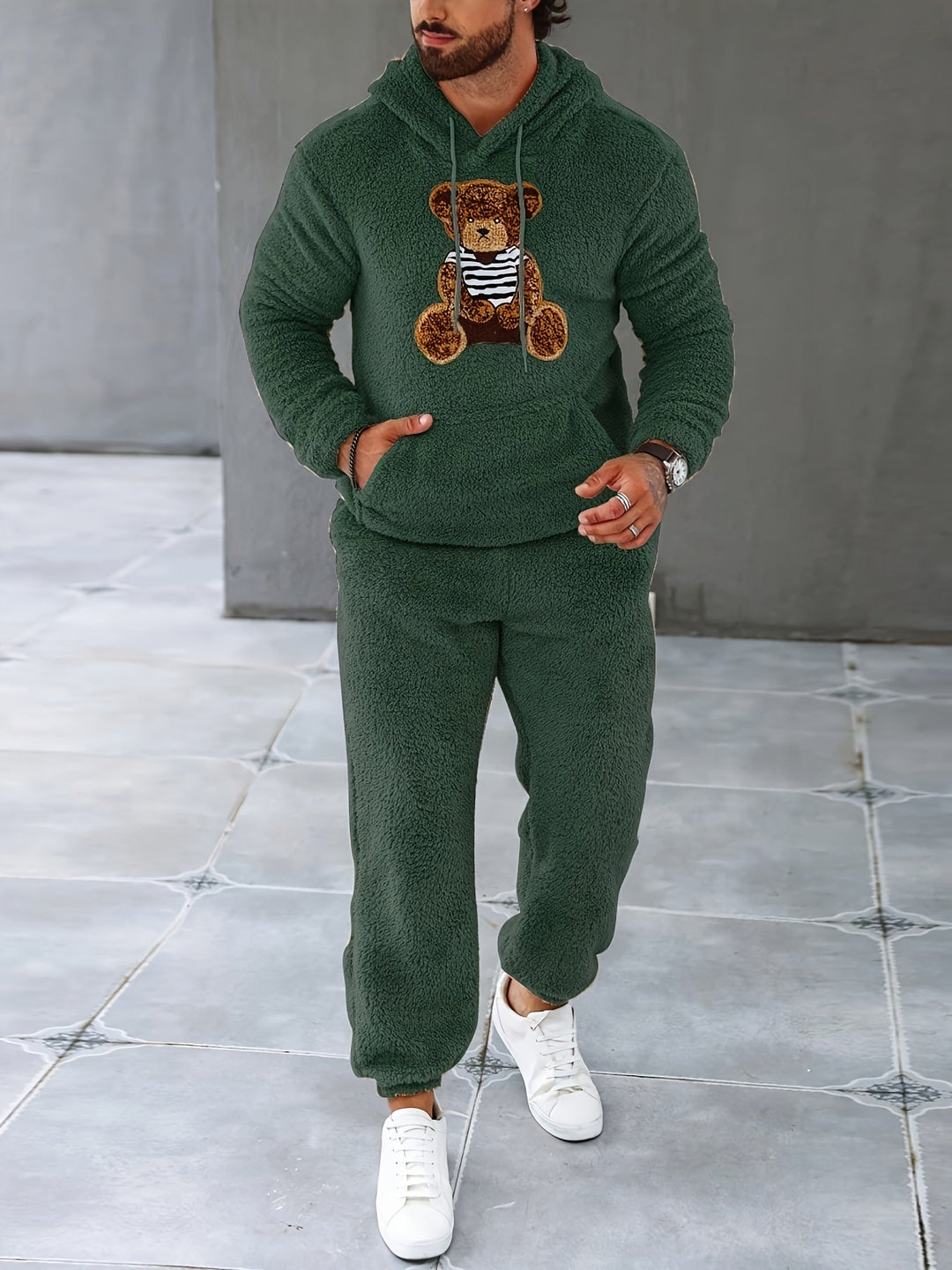 White men's fleece hoodie and joggers two-piece set, offering cozy comfort & ultimate warmth.
