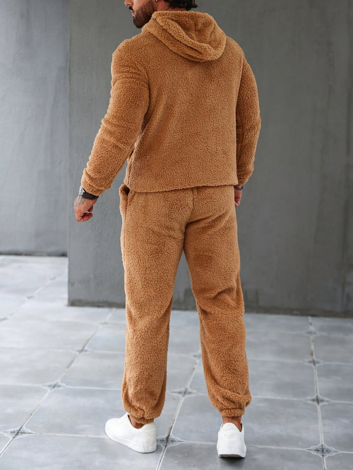 Relax in this brown men's fuzzy fleece loungewear set, featuring a warm hoodie & comfortable joggers.
