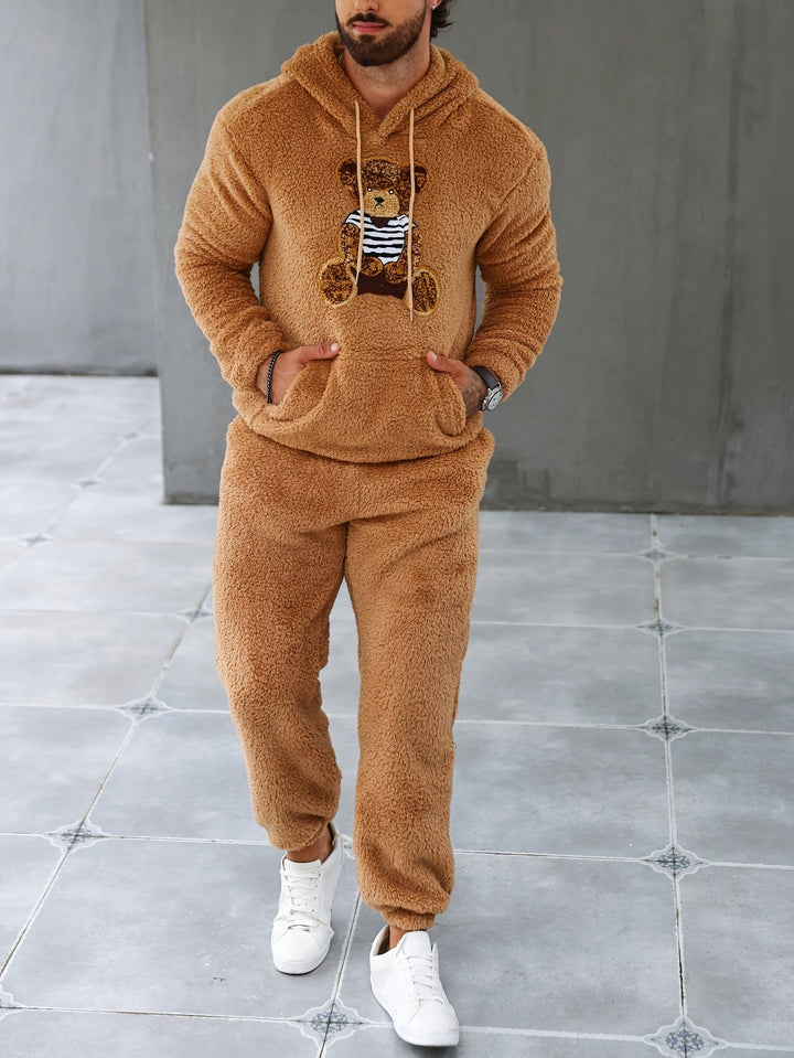 Men's complete fuzzy fleece hoodie & joggers set in white, ideal for ultimate warmth & casual wear.