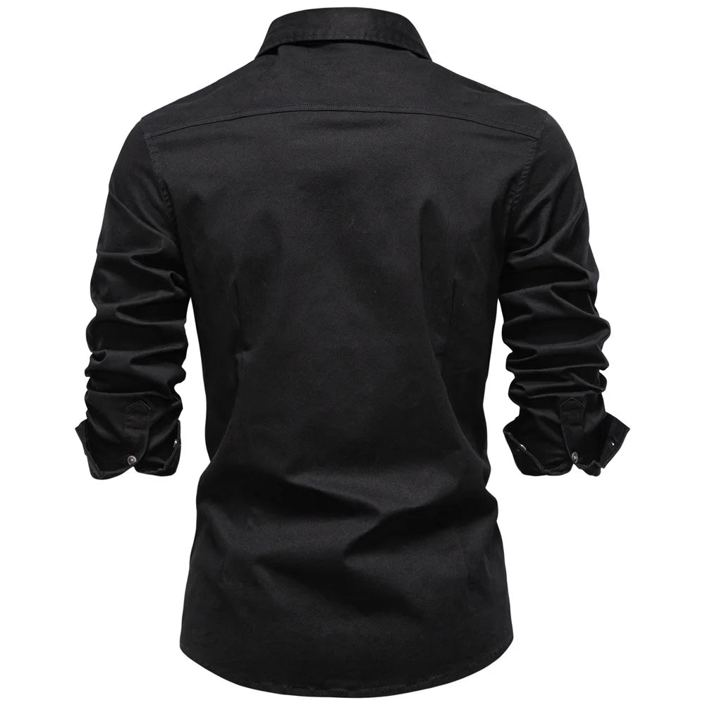 Detail of buttons on men's Garrison utility shirt. Robust long sleeve button-down for casual workwear style.