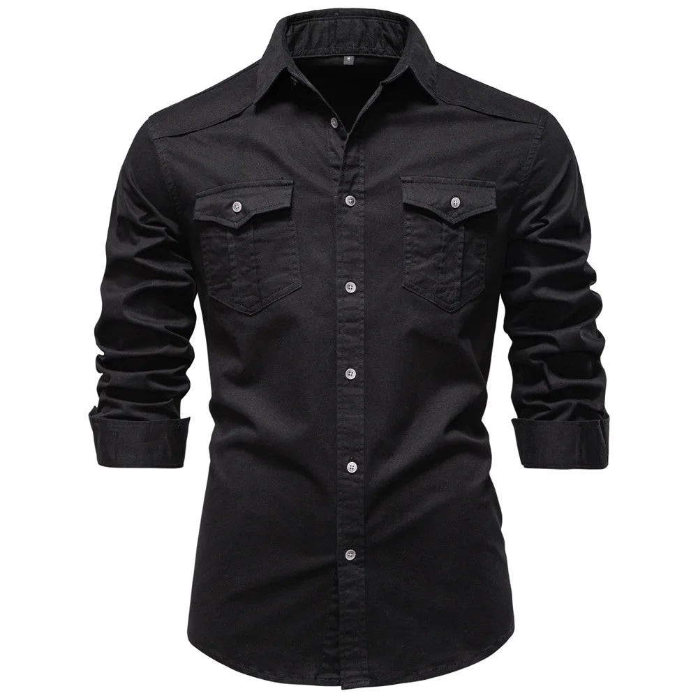 Close-up of men's durable utility shirt pockets. Versatile long sleeve button-down for daily wear.