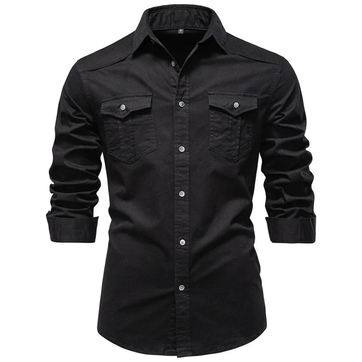 Close-up of men's durable utility shirt pockets. Versatile long sleeve button-down for daily wear.
