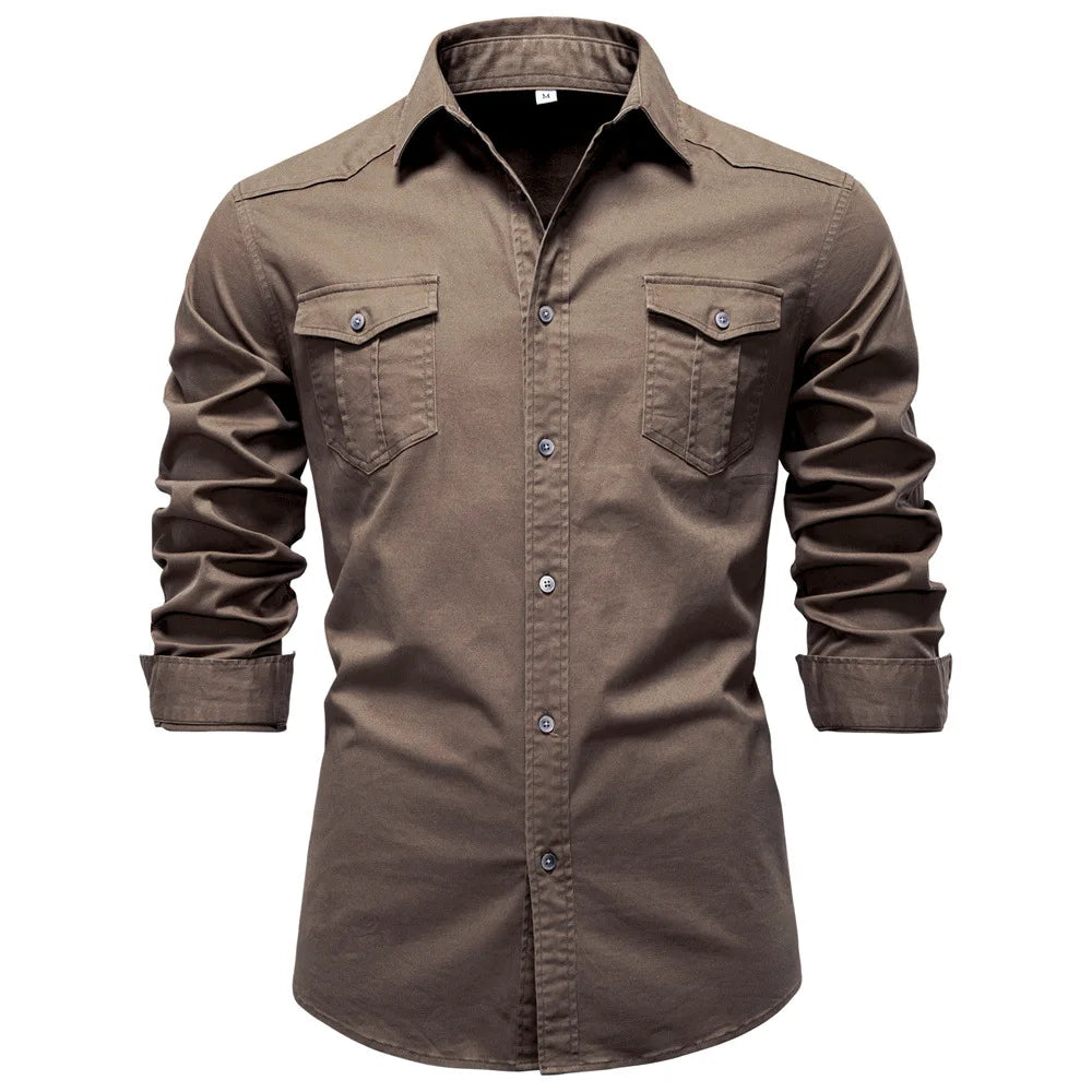 Man wearing a comfortable Garrison utility shirt. Long sleeve button-down, perfect for casual everyday style.
