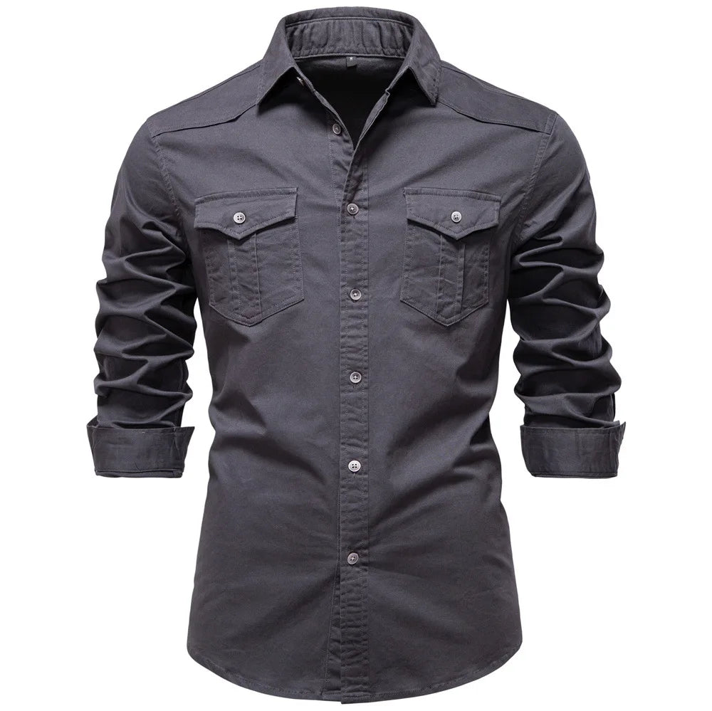 Back view of men's Garrison utility shirt. Durable long sleeve button-down for versatile everyday & outdoor wear.