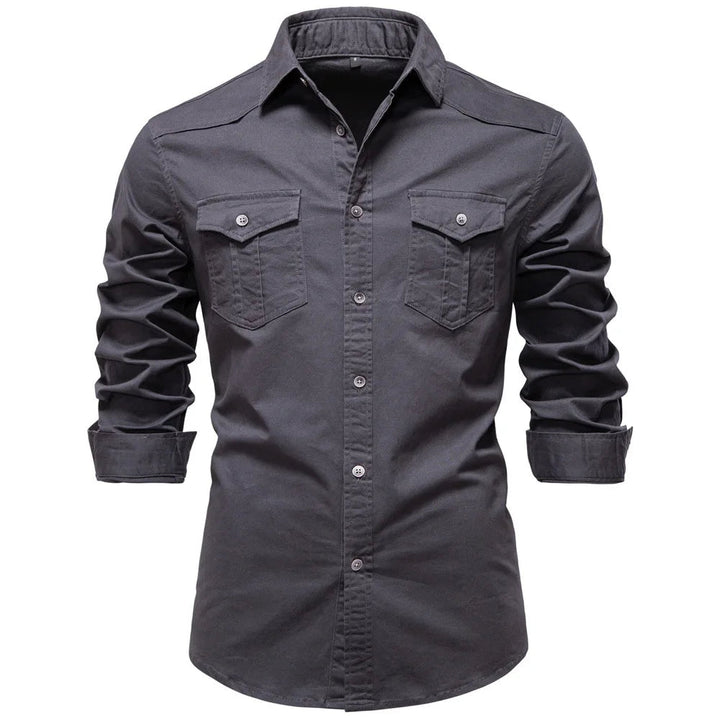 Back view of men's Garrison utility shirt. Durable long sleeve button-down for versatile everyday & outdoor wear.