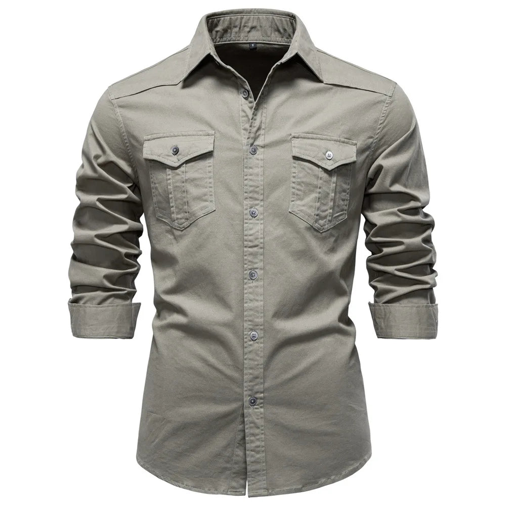 Men's workwear style Garrison utility shirt, layered. Long sleeve button-down for durable, comfortable everyday wear.
