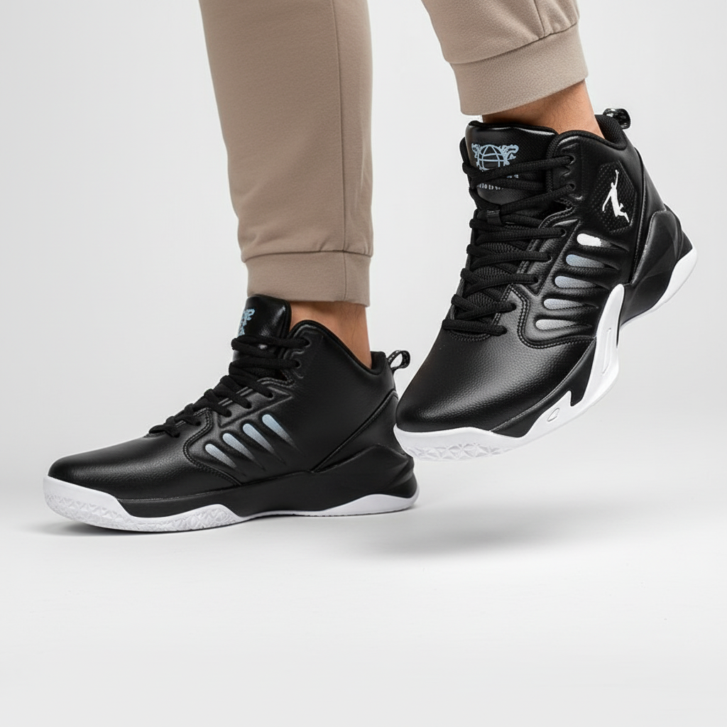 Close-up of Gavin men's high-top athletic footwear, textured side panel, black