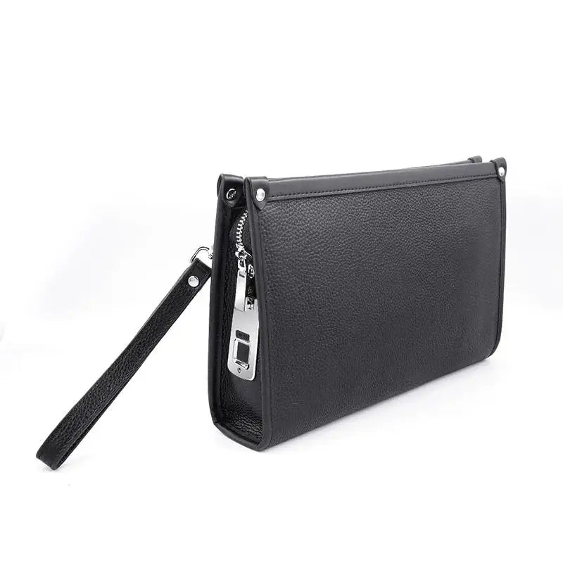 Close-up of the black genuine leather men's business clutch showcasing its sleek design and secure fingerprint lock.