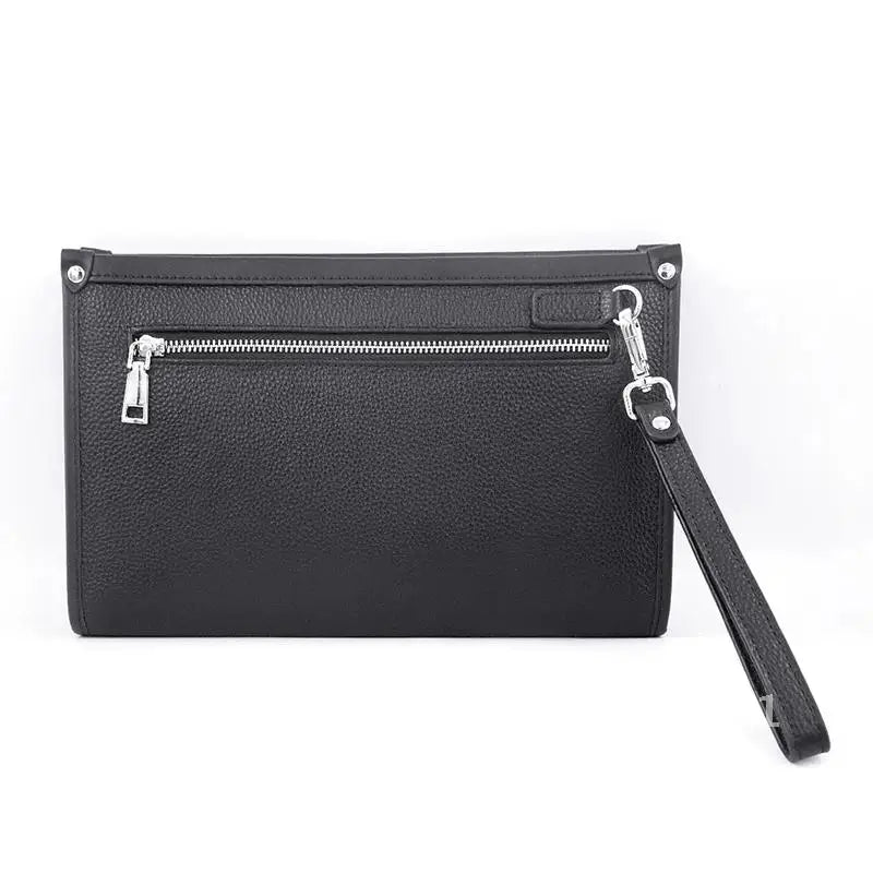 Open men's black genuine leather business clutch revealing spacious interior and premium compartments for organization.