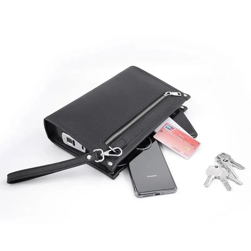 Professional black genuine leather men's clutch, featuring a high-tech fingerprint lock for ultimate security and peace of mind.